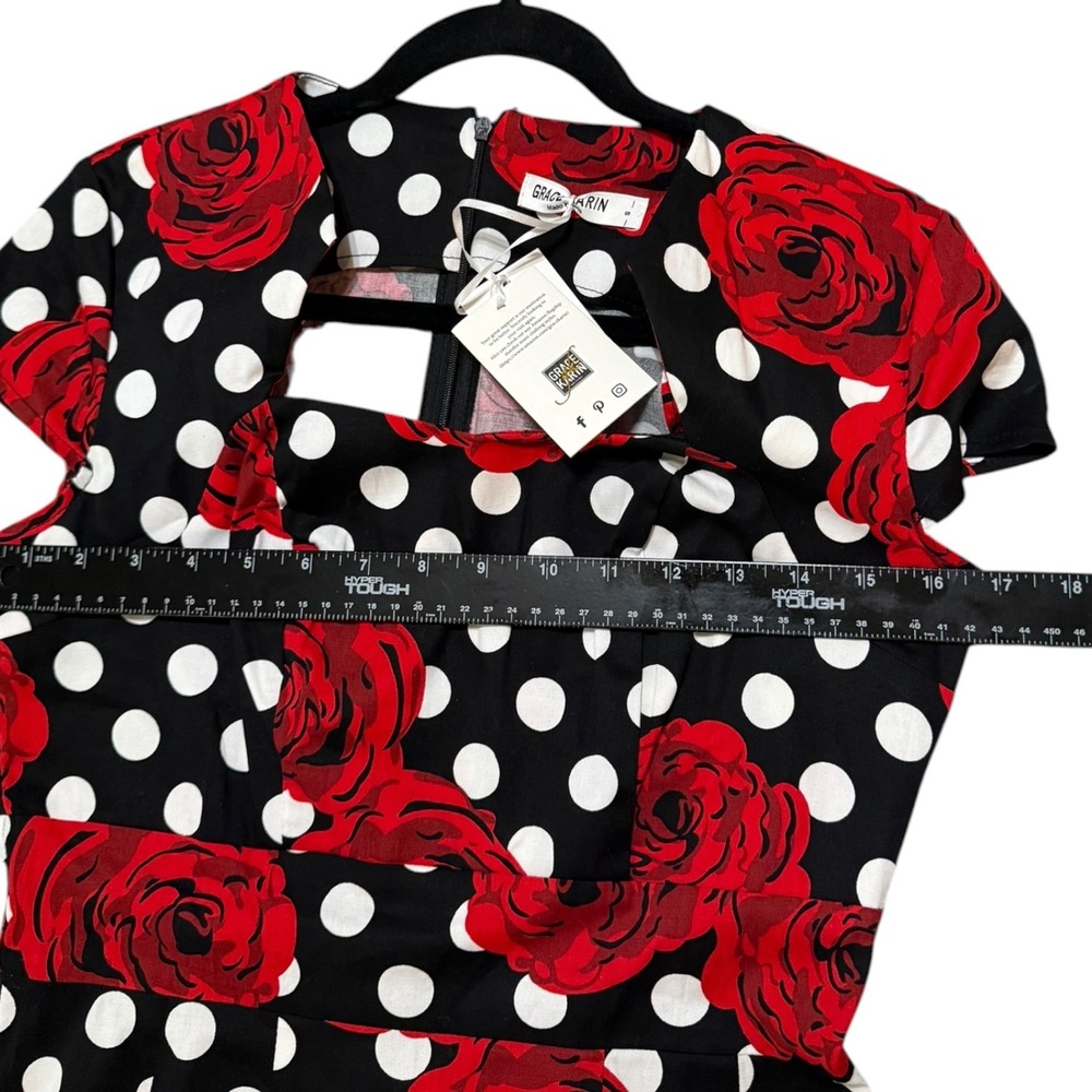 NWT Grace Karin Red Rose Polka Dot Pencil Dress Black Rockabilly Pinup Small - Picture 6 of 8